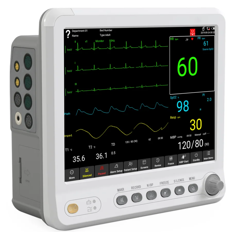 Monitor multiparamétrico portátil mostrando electrocardiograma, saturación de oxígeno, presión arterial y temperatura